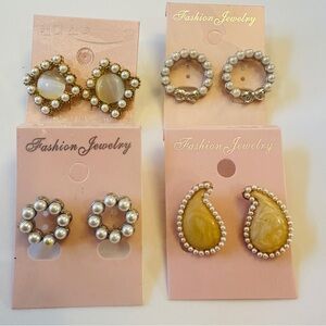 Korean Fashion Jewelry 4 Pairs Pearl Trim/Moonstones Stud Earrings Brea Fashion
